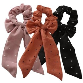 3 Piece Chiffon Bow Scrunchie Set (Black, Burnt Sienna, and Lavender)