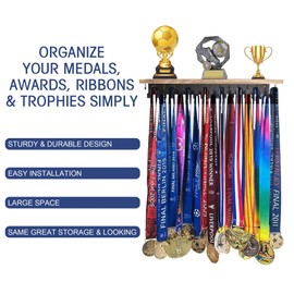 Defined Deco Medal Hanger Display and Trophy Shelf with 32 Hooks-Wooden Medal Holder for Wall Mount Ribbon Display,Soccer, Running Race Medals Awards Rack.