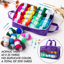 INSCRAFT 62 Acrylic Yarn Skeins, 2170 Yards Yarn for Knitting Crochet, 2 Crochet Hooks, 2 Weaving Needles,10 Stitch Markers, 1 Purple Bag, Perfect Crochet Beginner Kit for for Adults