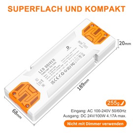 DUSKTEC LED Power Supply 24 V 100 W Flat Transformer 220 230 Volt to 24 Volt DC, Ultra Thin LED Driver Transformer 24 V DC Power Supply Low Voltage No Minimum Load for Strip Lamps