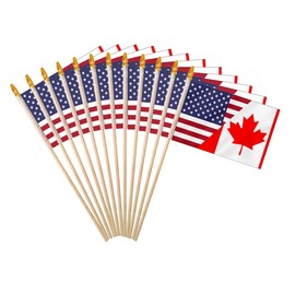 USA Canada Friendship Combo Stick Flag 4x6IN 12 Pack Small Mini American Canadian National Handheld Flag with Wood Pole And Blunt Spear Top