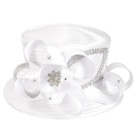 VECRY Womens Church Baptism Wedding Hat Tea Party Derby Dress Hats with Rhinestone (White)
