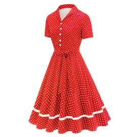 ODIZLI 50s Style Dresses for Women Vintage Belt A Line Swing Dress 1950s Retro Audrey Hepburn Dresses Pin Up Midi Church Dress for Cocktail Evening Tea Party Red S