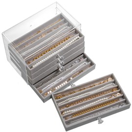 SPAKOWN Necklace Organizer Box, Velvet Necklace Box Holder Tray with Clear Lid Chains Showcase Stackable Necklace Storage for Pendant Bracelet (5 Drawers - Grey)