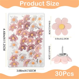30 x Push Pins, Thumb Tacks for Bulletin Board, Flower Decorative Pins and Tacks, Cork Board Thumbtacks, Cute Thumbtack for Office Decorative (Pink)