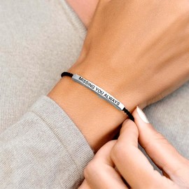 LIU JUN For Memorial - Missing You Always Motivational Tube Bracelet For Women, Memory Loss Loved One Engraved Heart With Wings Stainless Steel Gift Jewelry (Missing You Always Heart Silver+Black)