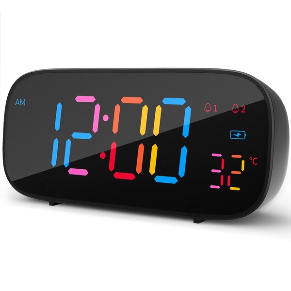 LIORQUE Alarm Clock for Bedroom, Colorful Digital Alarm Clock with Snooze Function Bedroom Clock, 2 Alarms, 0-100% Brightness, 8 Alarm Tones, 12/24H, USB Charging Port Bedside Clock