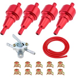 Windance 4Pcs 1/4inch Fuel Filter Fuel Switch Fuel Line Replacement Kit,1M Length 3/16 Inch ID Fuel Line Hose t for Motorcycle Scooter ATV Mopeds Tractor Lawn Mower Boats Go Kart (Red)
