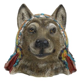 Ebros Gift Wildlife Animal Spirit Rustic Gray Alpha Wolf with Colorful Indian Chief Headdress Piggy Coin Money Bank Jar Figurine