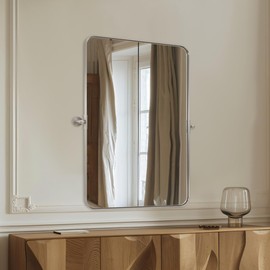 ANDY STAR 20"x30" Brushed Nickel Pivot Mirror for Bathroom, Silver Metal Frame Bathroom Mirrors for Wall，Rectangle Titling Vanity Wall Mirror with Rounded Corner Design Hangs Vertically Only
