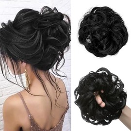 Moños Postizos, Messy Bun Hair Piece Grande Coleteros Pelo Mujer Postizos de Pelo Natural Rizado Ondulado Postizos Moño y Coletas Extensiones de Cabello, Moño Sintético Despeinado para Mujeres (Negro)