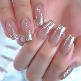 IMRAIN Medium Press on Nails Coffin Fake Nails Glitter Gradient Glossy Nude Glue on False Nails Full Cover Ballerina Acrylic Nail Art Kit Stick on Nails for Women Girls DIY Manicure 24Pcs