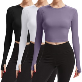 Simlakey 3 Pack Women's Workout Shirts Compression Long Sleeve Crop Tops Crew Neck Yoga Gym Athletic Fitted Crop T-Shirts(Black Dark Purple White,M)