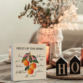 JUIOEIU Christian Desk Decor, Fruit of the Spirit Bible Verse Wooden Box Sign, Farmhouse Orange Fruit Religious Scripture Wood Block Box for Home Kitchen Desk Shelf Table Decor, 5x5 Inch