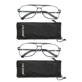 EYE ZOOM 2 Pack Metal Frame Square Aviator Style Geek Reading Glasses with Punch for Men (Black, Strength: +1.75)