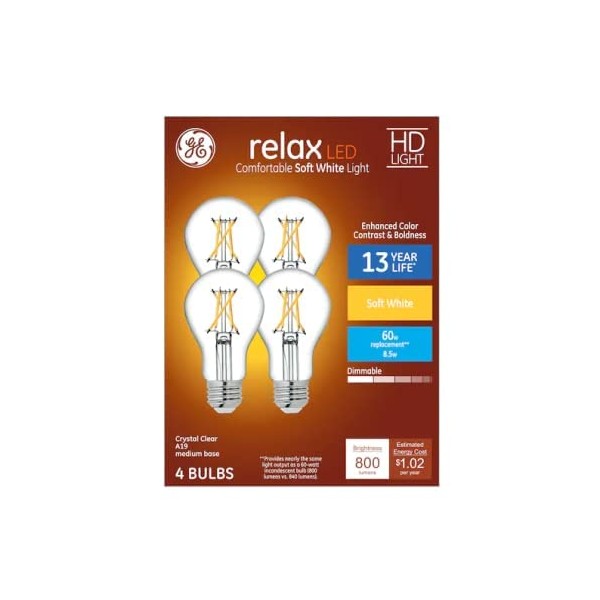 GE 51531 Relax LED A19 Crystal Clear 60 watt Equivalent Dimmable LED Soft White Light Bulb