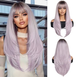 OUFEI Ombre Light Purple Wigs with Bangs for Women Long Straight Layered Synthetic Hair Wigs with Dark Roots for Daily Party Use