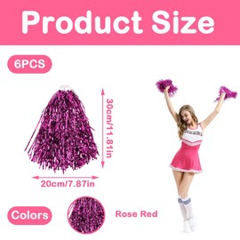 WNXBFO 6PCS Cheerleader Pom Poms with Handle, Rose Red Pom Poms Cheerleading, Cheerleading Pom Poms, Pompoms Metallic Foil Pompoms for Sports Team Spirit Cheering Party Dance