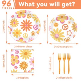 96 Pcs Groovy Party Supplies for 24 Guests Retro Hippie Boho Tableware Plates Napkins Daisy Flower Birthday Dinnerware Table Decorations Retro Hippie Daisy Party Favor for Kitchen Dinning Home Decor