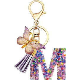 Initial Keyring for Girls Women Pink Purple Snowflake Glitter Crystal Drops Cute Butterflies Decoration School Bag Car Key Bag Pendant Letters, m