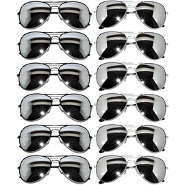 12 Pack Aviator Mirrored Lens Sunglasses Black, Silver Frames OWL ®.