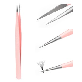 Independent Tweezers, Eyelash Extension, Pink Stainless Steel Curved Tip, Professional Eyelash Tweezers, Striped, Fadvan (Straight Shape)