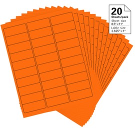1" x 2-5/8" Colored Address Labels, 600 Bright Orange Label Stickers- Laser/Ink Jet Printer Mailing Labels, 8.5"x11" 20 per Sheet