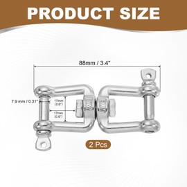sourcing map Heavy Duty M8 Double Swivel Eye Hook, 304 Stainless Steel Ended Jaw x Jaw Chain Swivel Shackle Ring Connector Load 380 KG/837 lbs for Hanging, Pack of 2