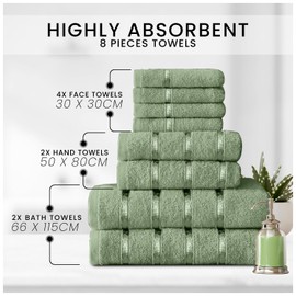 GC GAVENO CAVAILIA 8 Piece Egyptian Cotton Towels - Quick Dry Highly Absorbent Bathroom Towel Bale - (4 Face Towel + 2 Hand Towel + 2 Bath Towel) - Sage Green