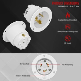 ENERLITES NEMA L6-20 Flanged Inlet Generator Plug, Locking Receptacle Socket, 20 Amp, 250 Volt, 2 Pole, 3 Wire Grounding, Industrial Grade, 66413-W, White