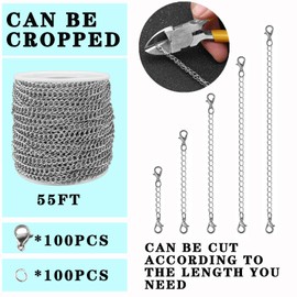 55ft Silver Stainless Steel Curb Chain for Jewelry Making,Twisted Link Chains with Spool for Dog Tag,Keychain,100 Pcs Jump Rings and Lobster Clasps DIY Craft Supplies for Necklace Chain (5x4x1.0m)