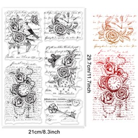 INFUNLY Vintage Words Background Clear Silicone Stamps A4 Size 8.3x11.7 - Flower, Butterfly, Retro Clocks, Manuscript Transparent Seal Stamps for Card Making, DIY Scrapbooking, Photo Album, Journaling