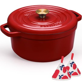 Overmont Enameled Cast Iron Dutch Oven - 5QT Pot with Lid Cookbook & Cotton Potholders - Heavy-Duty Cookware for Braising, Stews, Roasting, Bread Baking red