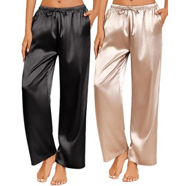 Ekouaer 2 Pack Womens Satin Pajama Pants Silk Sleep Lounge Pants Wide Leg Pj Bottom with Pockets Black and Champagne Large