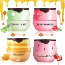 4 Pcs Honey&Strawberry Lip Balm, Apple Watermelon Lip Mask, Moisturizing Lip Sleeping Mask, Hydrate Repair Prevent Dry Cracked Exfoliator Lip Care (Honey+Strawberry+Apple Lime+Watermelon)