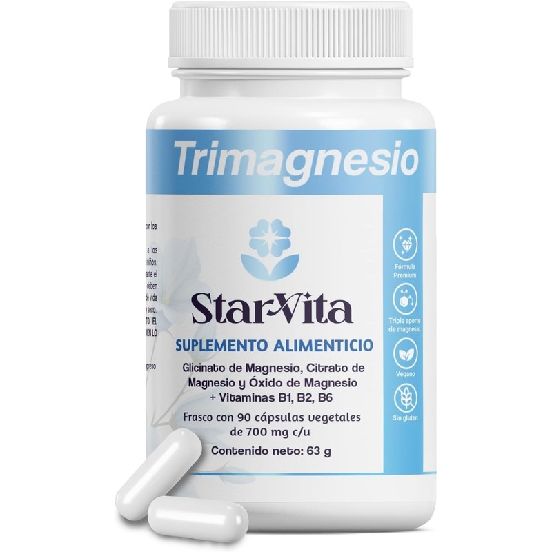 Trimagnesio Active Starvita Lab Glicinato, Citrato y Óxido 90 Cáps