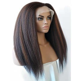 ANONLYLUX Kinky Straight Human Hair Wigs Pre Plucked with Baby Hair P1B/30 Highlight Brown Yaki Straight Lace Frontal Wigs Human Hair for Black Women 16 Inch