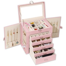 BOOVO Jewelry Box For women, 6 Layer Large Jewelry Organizer With Mirror, Multi-Function Storage Box With Lock, Accessory Holder With 5 Drawers, For Earrings Necklace Ring Bracelet (Pink)