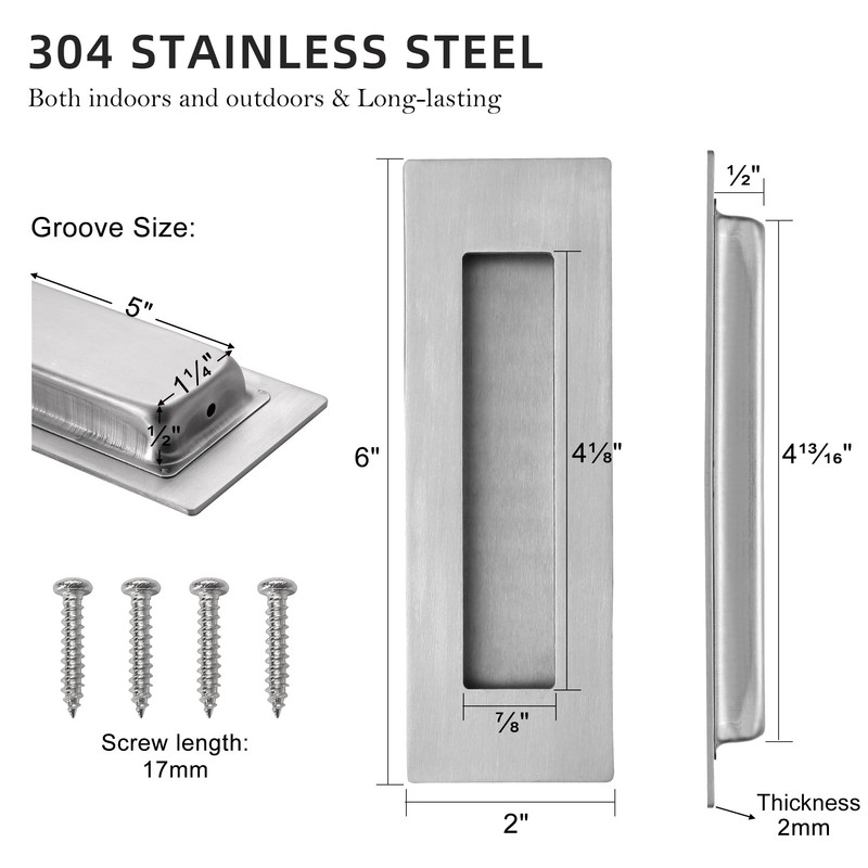 Vancoho 6 Inch Recessed Pocket Door Pull, Stainless Steel Rectangular