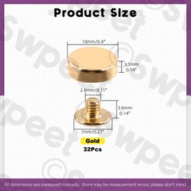 Swpeet 32Pcs Gold Screw Back Rivets Stud Set, Round Purse Feet Metal Studs Rivet, Feet Nailhead Stud Flat Buckle Button Cap Rivets, Gold Metal Flat Head Purse Feet Rivets Stud for Leather Craft DIY