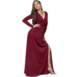 KOH KOH Plus Size Womens Long Sleeve Sleeves V-Neck Slit Split Cocktail Evening Elegant Wrap Winter Fall Wedding Guest Abaya Muslim Gown Gowns Maxi Dress Dresses, Crimson Dark Red 2XL 18-20