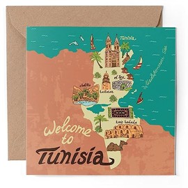 1 x Greeting Card - Fun Tunisia Travel Landmarks Map Europe - Blank Birthday Celebration Anniversary #58728