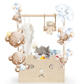 Cinnvoice Baby Shower Bear Gift Baskets with Hanger Rack, Wooden Crate Closet Bear Cards Decoration Crate for Baby Boys Girls Pregnancy New Parent Gifts(Blue,It's A Boy)
