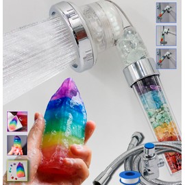 Chakra Crystal Shower Head bundle with Crystal Soap Rock. Jasmine Essential Oil Fragance. Natural Gemstones. Healing Crystals. Ph Balance. Water Filtering (Shower Head+Hose+Bracket+Soap)