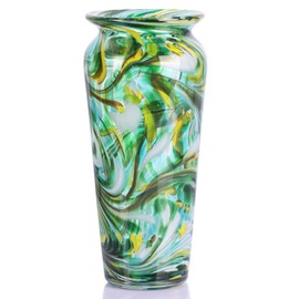 PlivBloom Green Hand Blown Glass Vase – Tall Speckled Decorative Centerpiece in Murano Style for Dining Table, Coffee Table, Mantel, Entryway, or Bookshelf in Coastal or Modern Decor (Green)