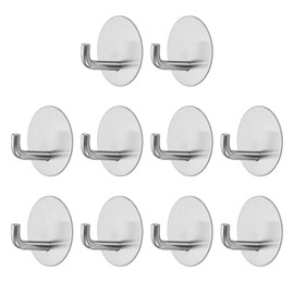 HARFINGTON 10pcs Self Adhesive Hook Waterproof Stainless Steel Loofah Robe Towel Wall Hooks Adhesive Wall Hangers Without Drill for Bathroom Kitchen Washroom Home, Silver