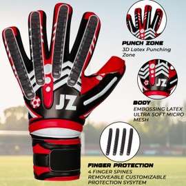 Jazzy Sports Professional Soccer Goalie Gloves for Youth Adult,Goalkeeper Gloves with Removable Finger Protect,Breathable,Strong Grip,6MM Latex Palm,Double Wrist Support (Red, 5)