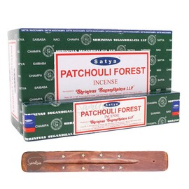 Satya Nag Champa Patchouli Forest Incense Sticks | x12 pack | with SAMASIA incense sticks holder | Used for Paomatherapy, Spa, Yoga, Weddings, Meditation, Healing, Positivity and Relaxation