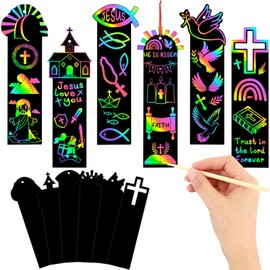JUNEBRUSHS 30Pcs Religious Crafts for Kids, Christian Easter Rainbow Color Scratch Art Christian Bookmarks Resurrection Cross Religious Gifts for Kids Sunday School Church Bible Crafts Kits