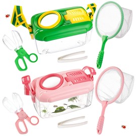 2 Set Bug Catcher for Kids- Educational Bug Catching Kit Including Butterfly Net, Insect Clip, Tweezer, Outdoor Toys for Kids Ages 3-10 (Pink & Green)